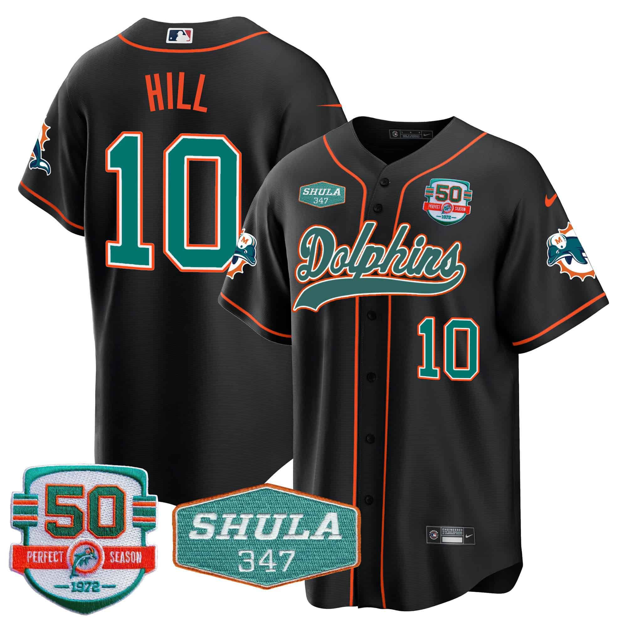 Men Miami Dolphins 10 Hill Black 2024 Nike 50th Don Shula Memorial Patch Baseball NFL Jersey style 1